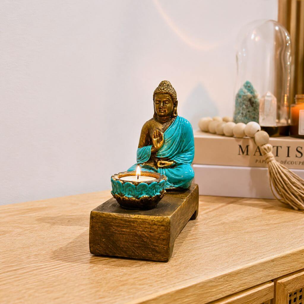 Buda porta vela turquesa